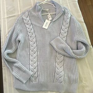 Haven Well Within Cotton 1/4 Zip Cable Knit Fisherman Sweater Light Blue Size M